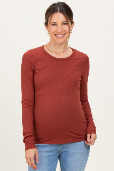 Rhea + Thea Rust Solid Ribbed Long Sleeve Round Neck Maternity Tunic Top