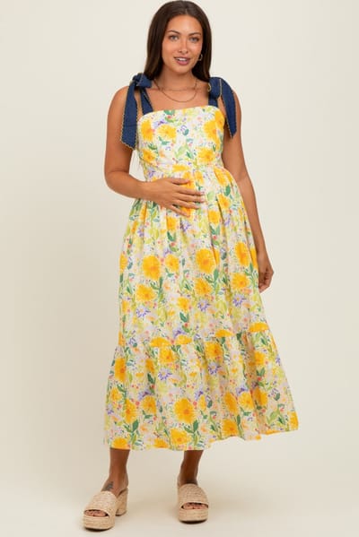 Entro Yellow Floral Contrast Shoulder Tie Maternity Midi Dress