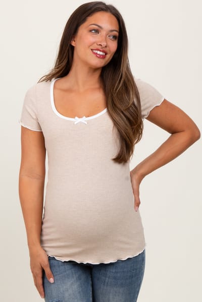 Hello Miz Beige Ribbed Short Sleeve Maternity Top