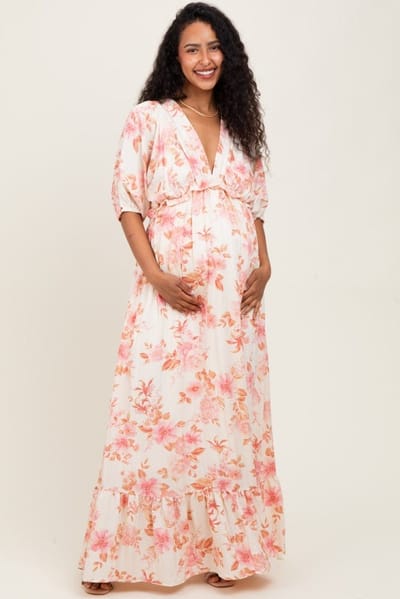 PinkBlush Pink Floral Printed Elbow Sleeve V-Neck Tiered Maternity Maxi Dress