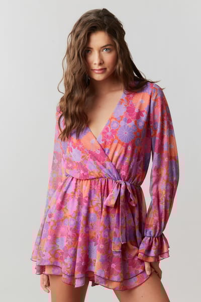 Peach Love Cream Fuchsia Multi Floral Chiffon Surplice Romper