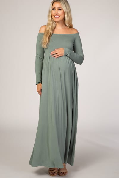 Hello Miz Sage Off Shoulder Long Sleeve Maternity Maxi Dress
