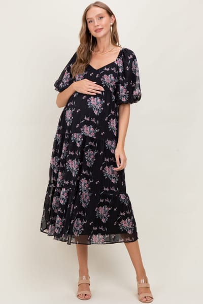 PinkBlush Black Floral Striped Puff Sleeve Maternity Midi Dress