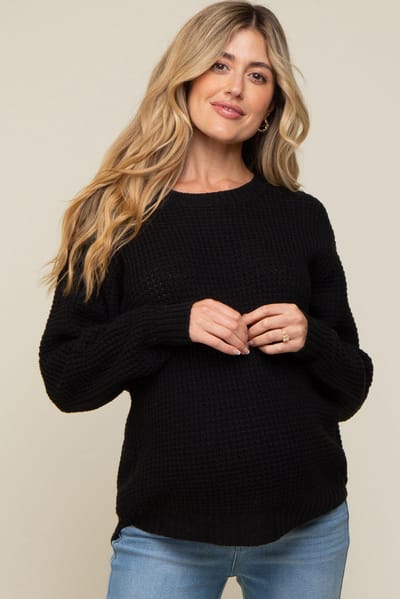 Zenana Outfitters Black Waffle Knit Round Hem Maternity Sweater