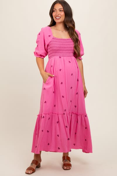 In Loom Pink Gauze Smocked Embroidered Square Neck Maternity Midi Dress