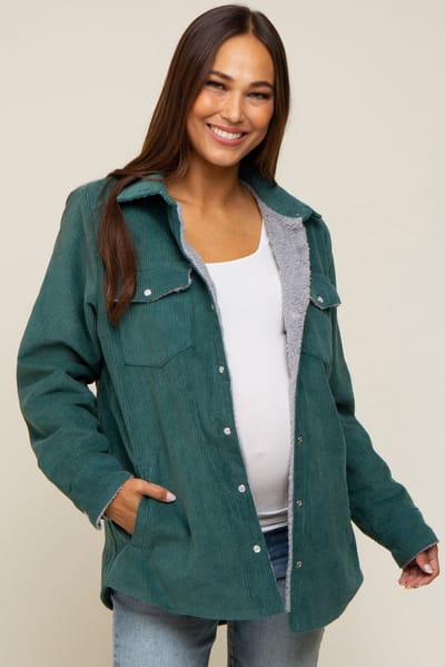 Bluivy Forest Green Corduroy Sherpa Lined Maternity Shacket