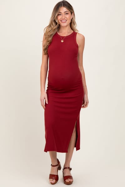 Mitto Burgundy Ribbed Maternity Side Slit Tank Dress