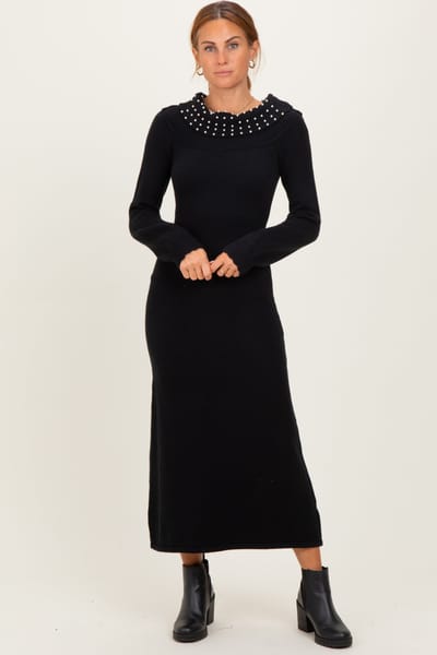 ABLE Black Faux Pearl Detail Off Shoulder Sweater Dress