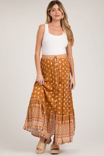 Bluivy Rust Floral Button Front Maternity Maxi Skirt