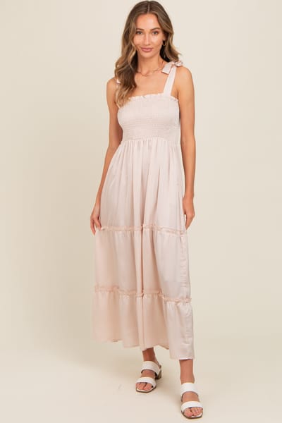 Elloh Beige Satin Smocked Maxi Dress