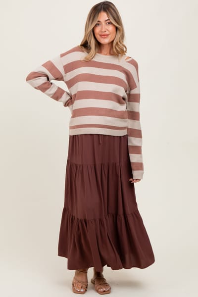 Vine & Love Brown Drawstring Tiered Maternity Maxi Skirt