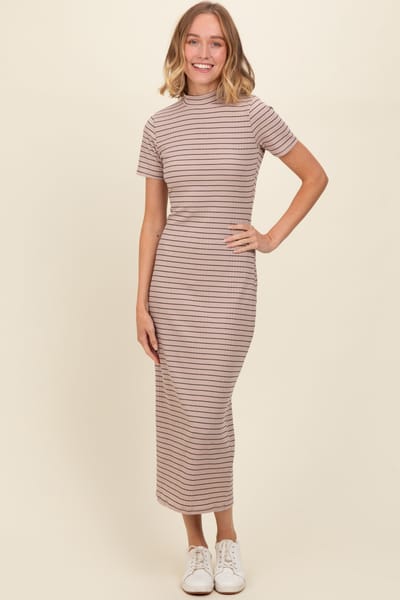 Rhea + Thea Beige Striped Mock Neck Fitted Midi Dress