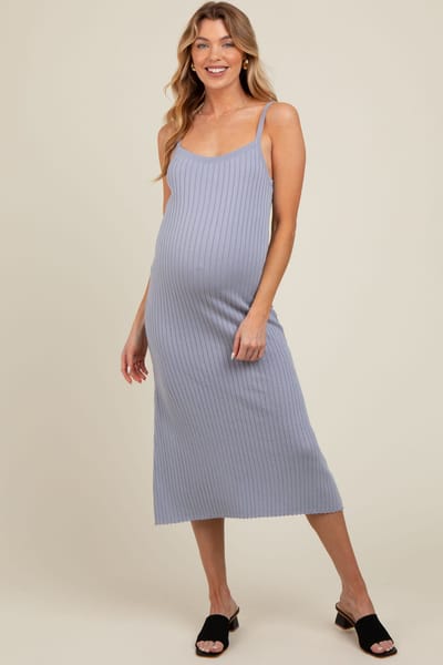 PinkBlush Light Blue Square Neck Ribbed Sleeveless Maternity Midi Dress