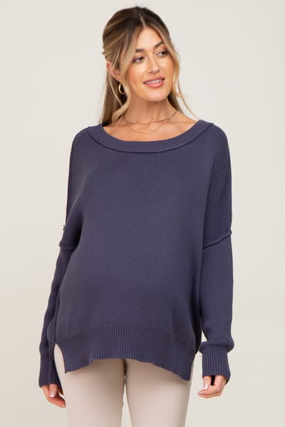 Miracle Navy Exposed Seam Side Slit Maternity Sweater