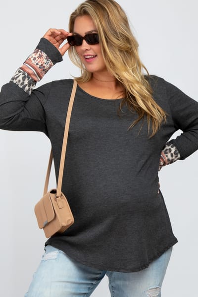 Lovely Melody Charcoal Colorblock Sleeve Maternity Plus Top
