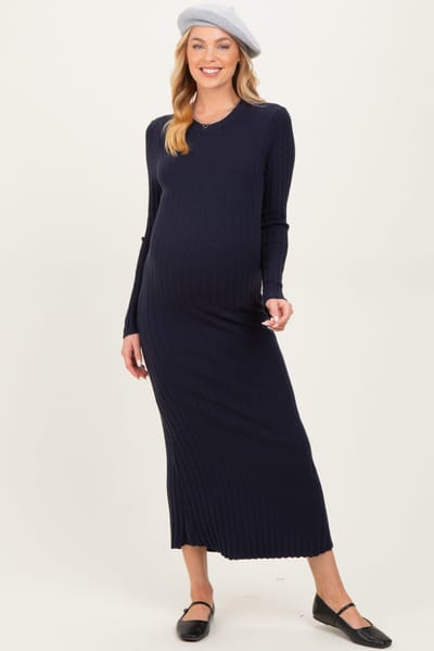 PinkBlush Navy Ribbed Knit Fitted Maternity Midi Sweater Dress
