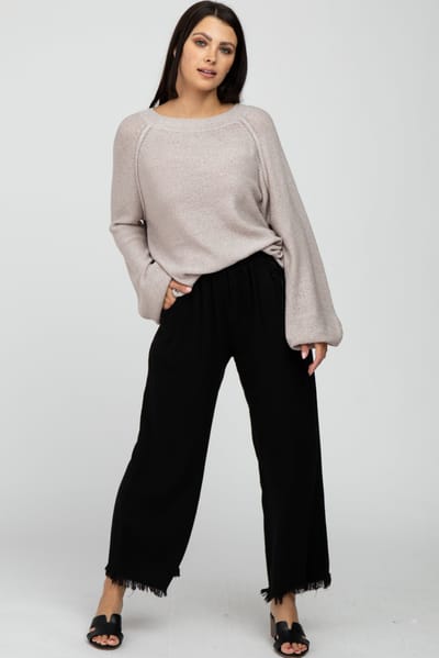 Umgee Black Linen Frayed Hem Crop Pants