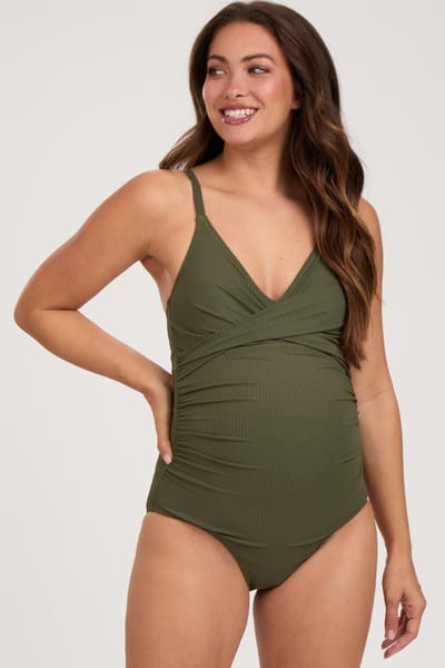 Charmo Olive Ribbed V-Neck Ruched Back Cut-Out One Piece Maternity Swimsuit