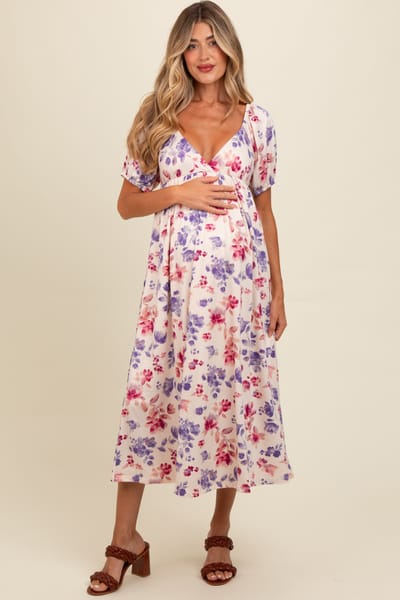 Rhea + Thea Ivory Floral V-Neck Maternity Midi Dress