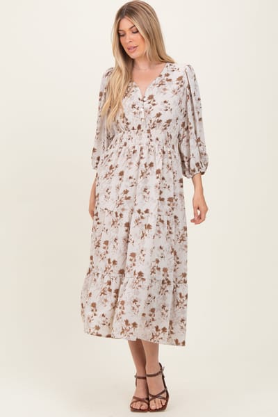 Polagram Cream Floral Button Front V-Neck Midi Dress