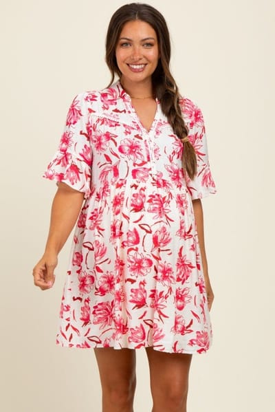 PinkBlush Red Floral V-Neck Crochet Trim Maternity Dress