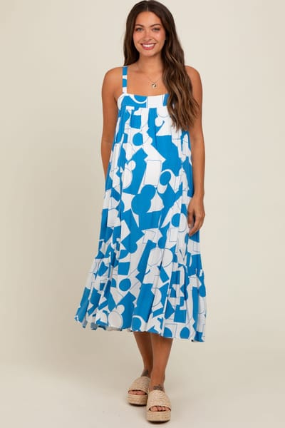 PinkBlush Blue Geometric Print Maternity Midi Dress