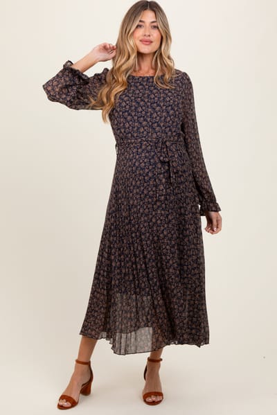 PinkBlush Navy Blue Floral Front Tie Pleated Maternity Midi Dress