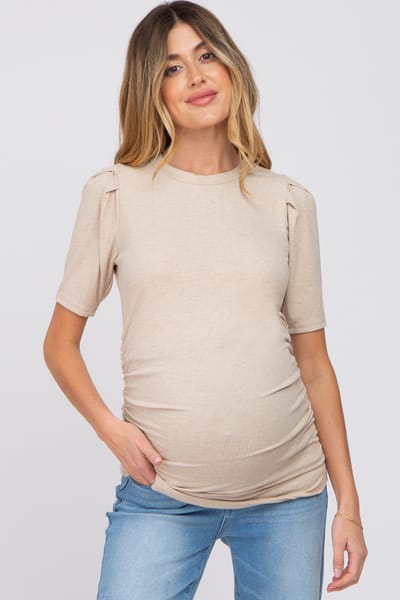 PinkBlush Beige Ribbed Puff Sleeve Ruched Maternity Top