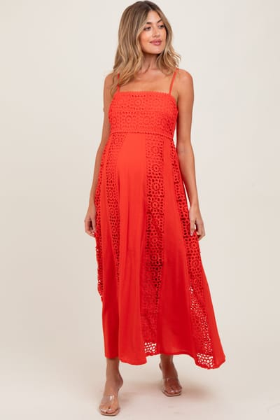 Promesa Coral Red Crochet Lace Paneled Maternity Maxi Dress