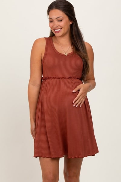 PinkBlush Rust Ribbed Sleeveless Lettuce Trim Maternity Mini Dress