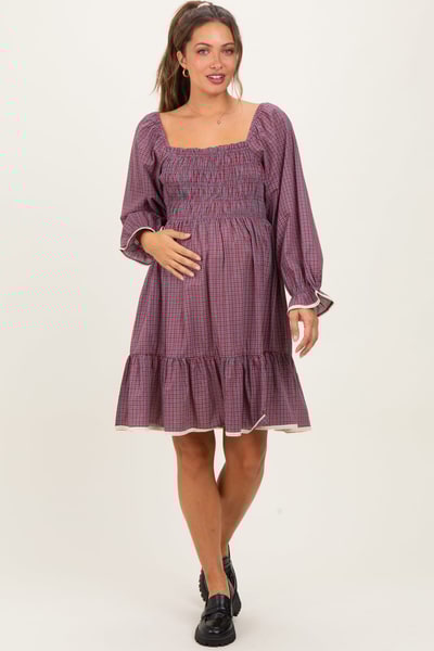 PinkBlush Cranberry Vintage Checked Plaid Square-Neck Maternity Dress