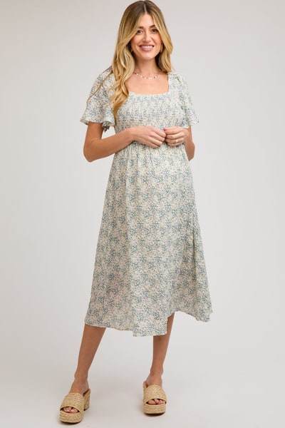 PinkBlush White Floral Square Neck Smocked Maternity Midi Dress