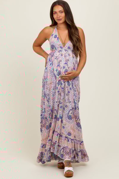 PinkBlush Mauve Paisley Halter V-Neck Cutout Maternity Maxi Dress