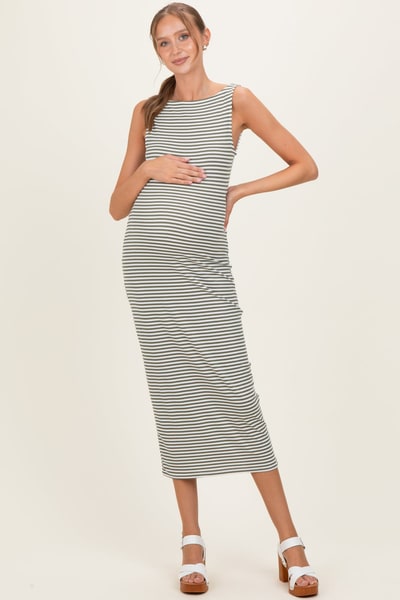 PinkBlush Olive Striped Boat Neck Sleeveless Maternity Midi Dress