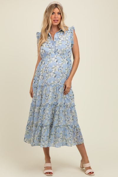 PinkBlush Blue Floral Print Frilled Pocketed Maternity Midi Dress