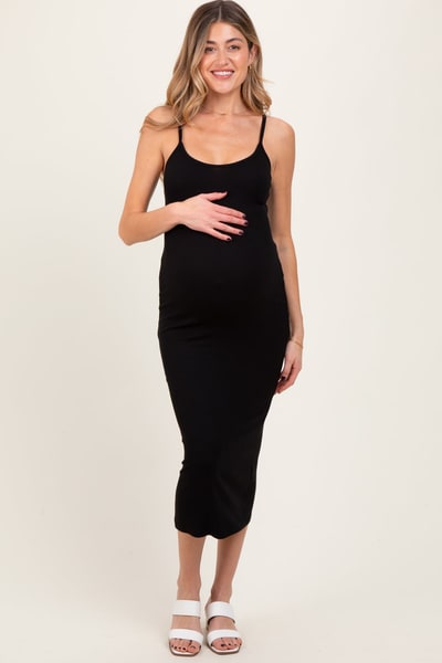 PinkBlush Black Ribbed Bodycon Maternity Midi Dress