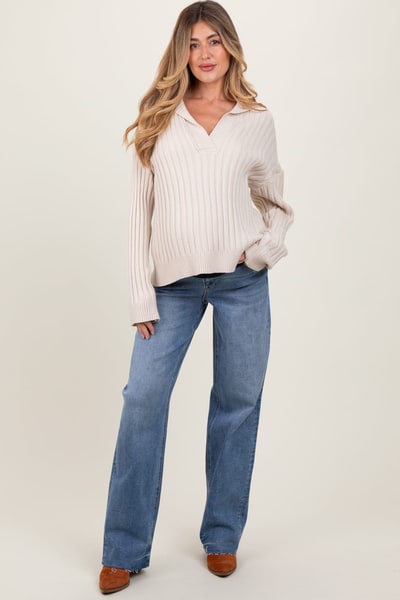 PinkBlush Blue Vintage Wash Raw Hem Wide Leg Maternity Jeans