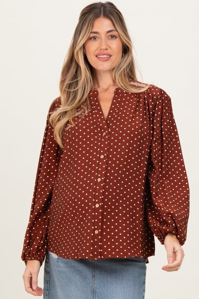 PinkBlush Brown Polka Dot Long Sleeve Button Down V-Neck Maternity Top