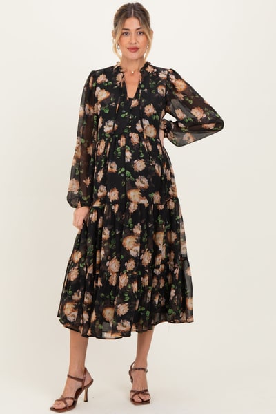PinkBlush Black Multi Floral Tiered Button Down Maternity Maxi Dress