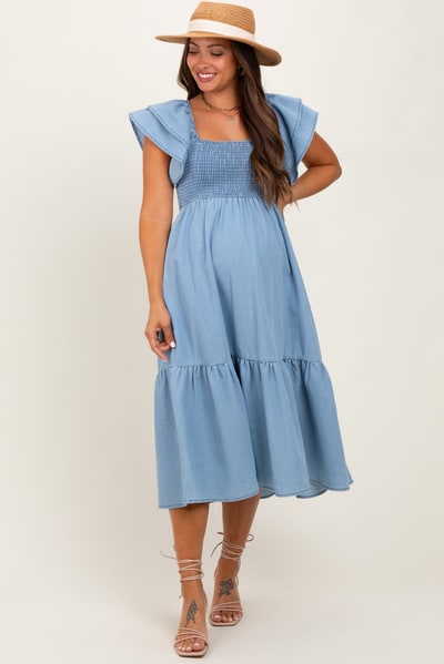 PinkBlush Light Blue Chambray Smocked Flutter Sleeve Maternity Dress