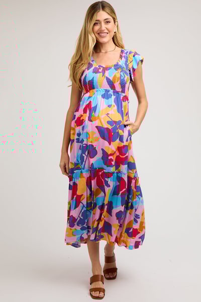 PinkBlush Multi-Color Smocked Ruffle Maternity Midi Dress