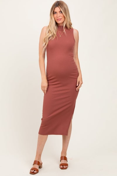 PinkBlush Mocha Mock Neck Side Slit Maternity Midi Dress
