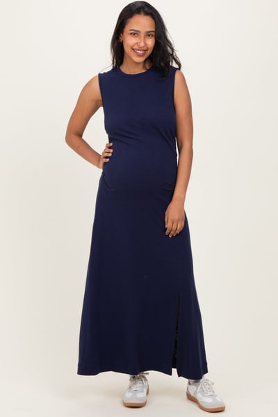 PinkBlush Navy Side Slit Ruched Sleeveless Maternity Midi Dress