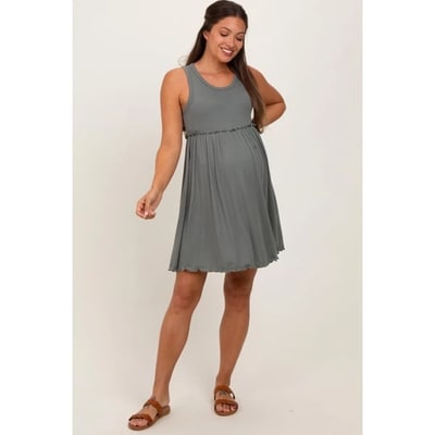Target PinkBlush Olive Ribbed Sleeveless Lettuce Trim Maternity Mini Dress Olive Medium