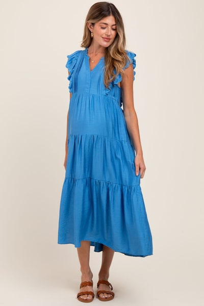 PinkBlush Blue Ruffle Sleeve Tiered Maternity Midi Dress