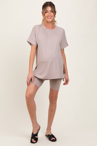 PinkBlush Beige Hi-Low Short Sleeve Tee Biker Short Maternity Set