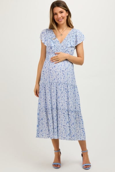 PinkBlush Blue Floral Front Ruched Ruffle Shoulder Tiered Maternity Midi Dress