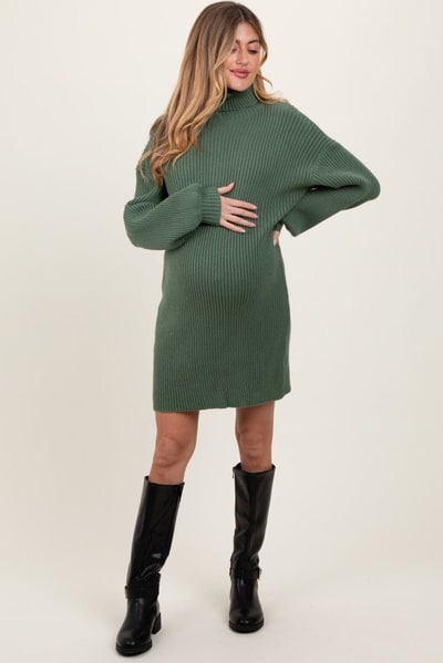 PinkBlush Olive Turtleneck Ribbed Maternity Sweater Dress