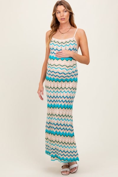 PinkBlush Aqua Pointelle Chevron Knit Open Back Maternity Midi Dress