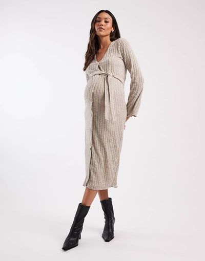 ASOS Mamalicious Maternity super soft rib knit tie waist midi dress in cream melange